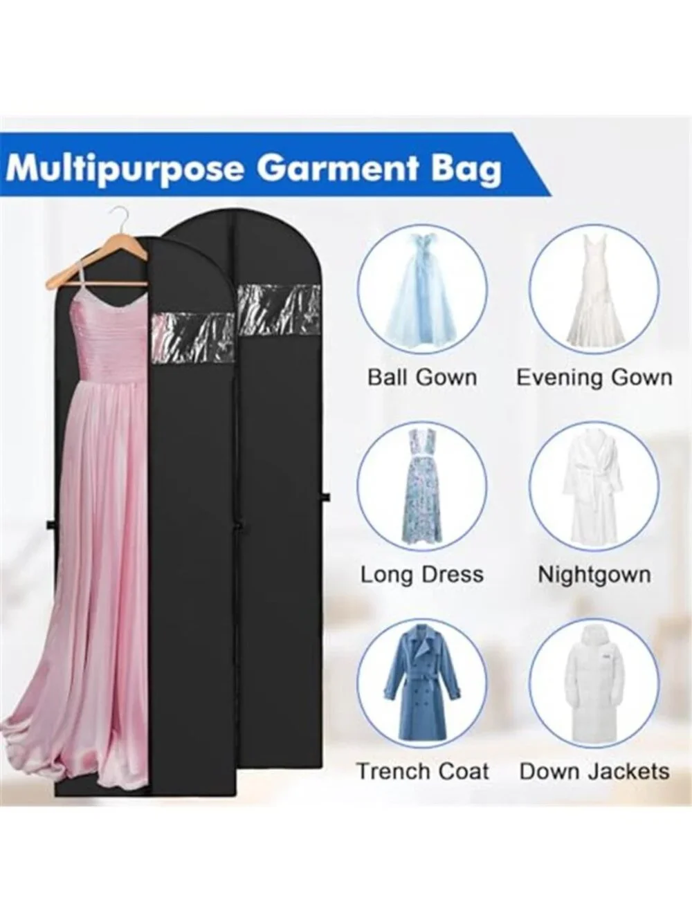 Black PEVA Garment Bag Dress Coat Suit Travel Storage Hanging Clothes Cover